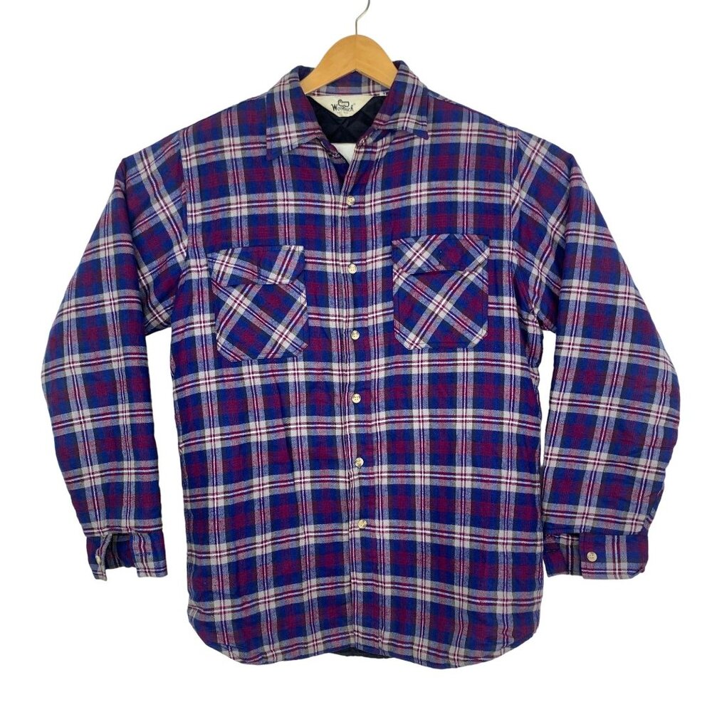 Vtg Woolrich Flannel Jacket Insulated Lined Button Up Large Lumberjack Blue Red